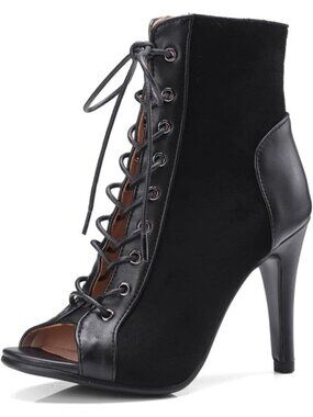 Women's Black Suede Buckle Strap Peep Toe High Top Lace Up Mesh Pump Sandal Boot